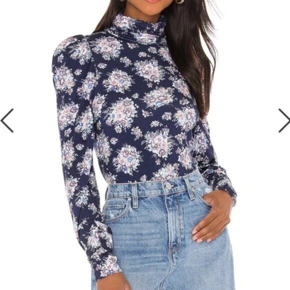 LoveShackFancy Vienna Marine Blue Floral Turtleneck Puff Sleeve Blouse Top XS - Picture 1 of 12